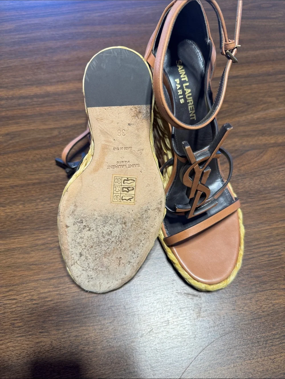 Saint Laurent Brown Leather Wedge Sandals with YSL Monogram